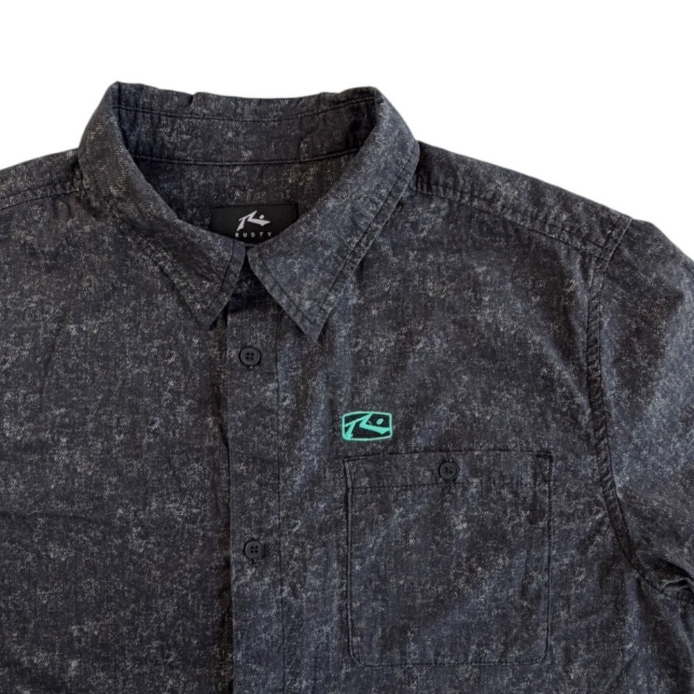Rusty Mens Short Sleeve Button Down Shirt Charcoal Grey Acid Wash Cotton Large
